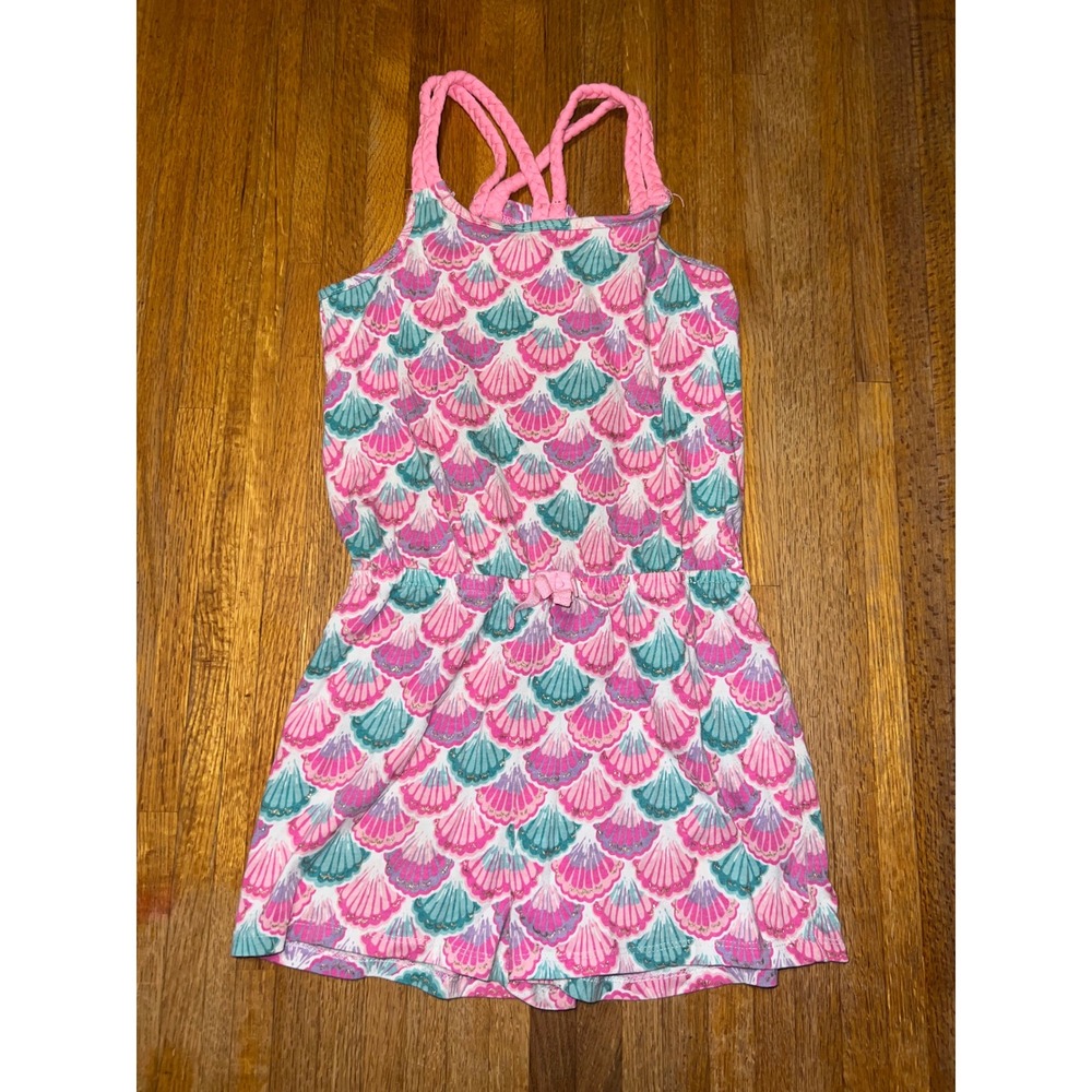 Gene Apparels Girls Medium Pink Teal Seashell Glitter Braided Strap Romper